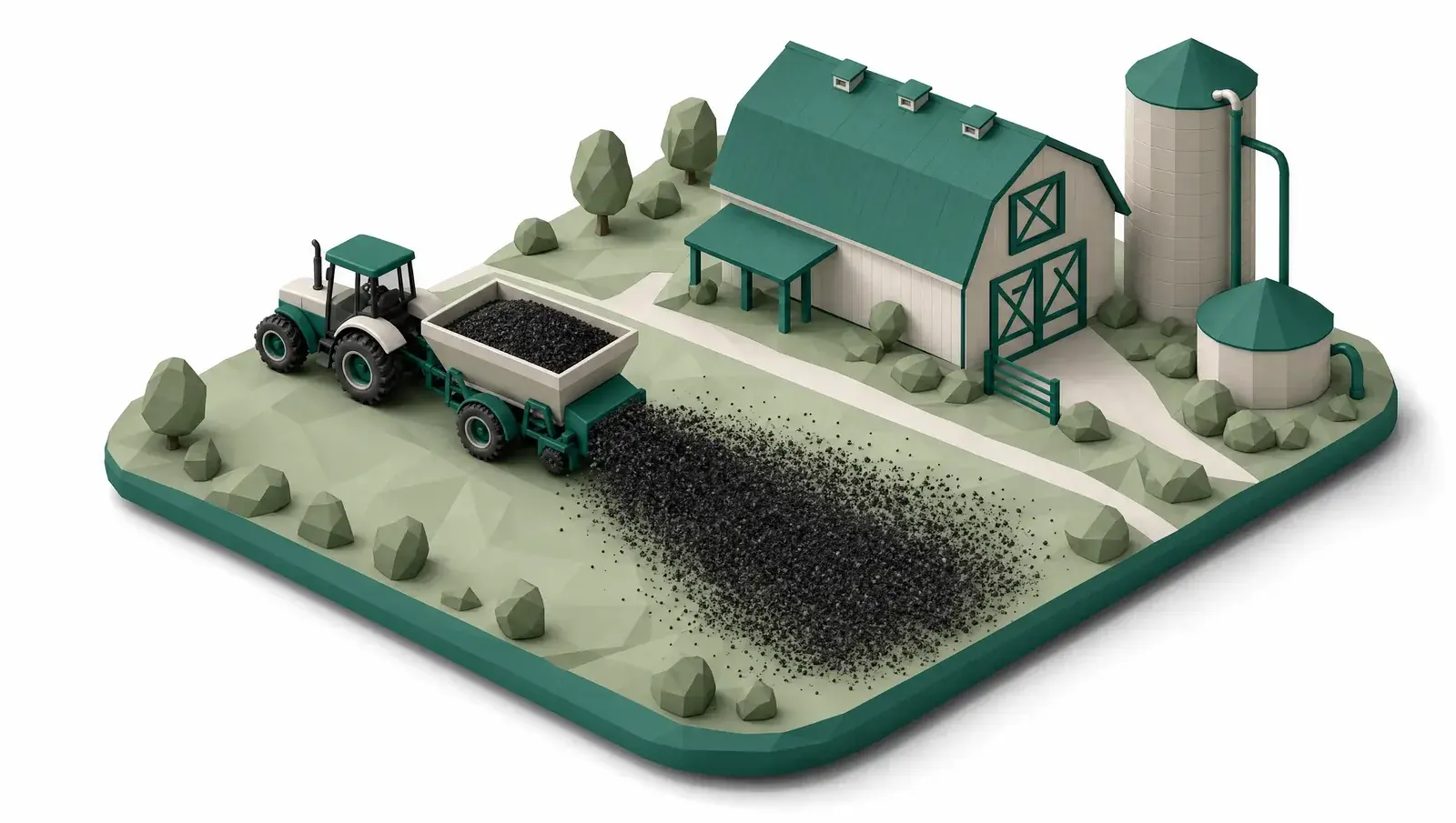 Isometric illustration of a tractor spreading black biochar over a field beside a barn.