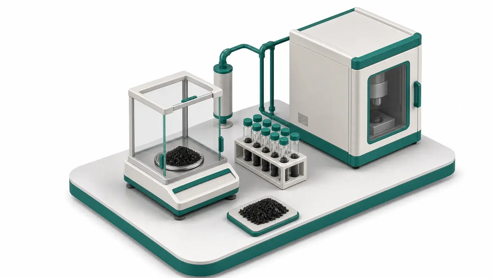 Isometric illustration of a laboratory analysis station: a precision balance weighing black biochar beside sample vials and an analyzer cabinet.
