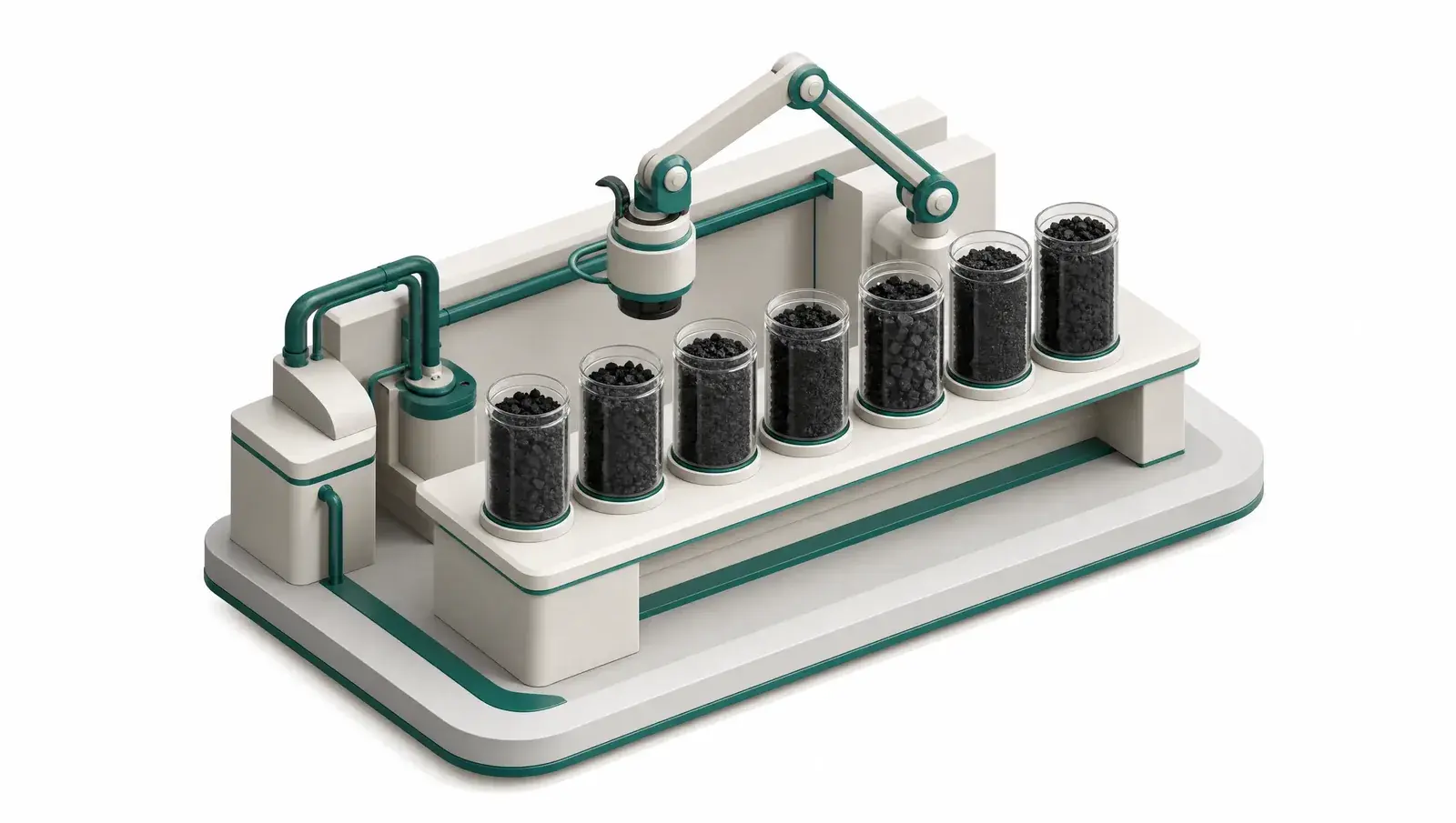 Isometric illustration of a row of glass jars holding biochar samples on an inspection bench under a camera arm.