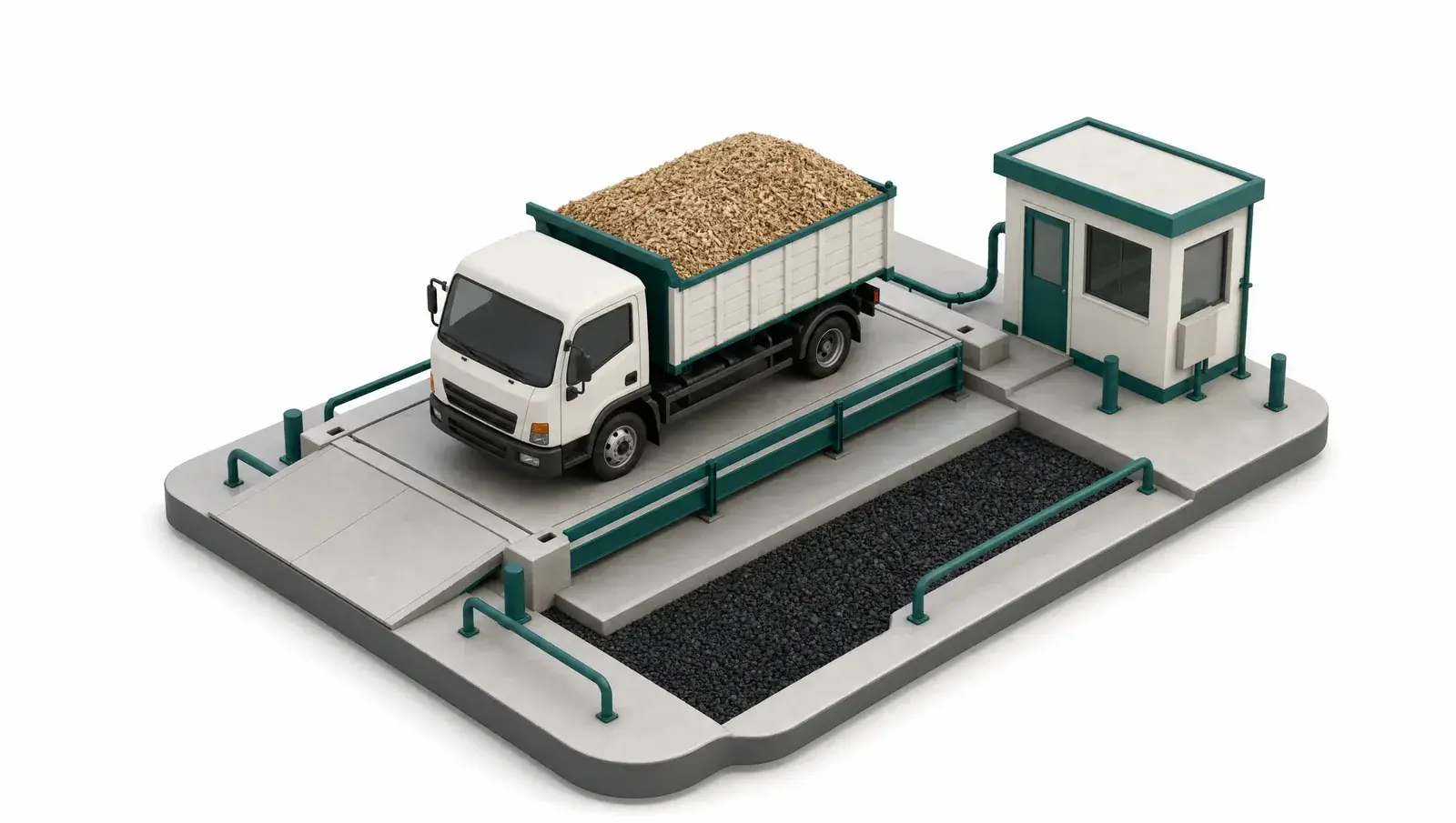 Isometric illustration of a truck loaded with woodchips parked on a weighbridge beside a control kiosk.