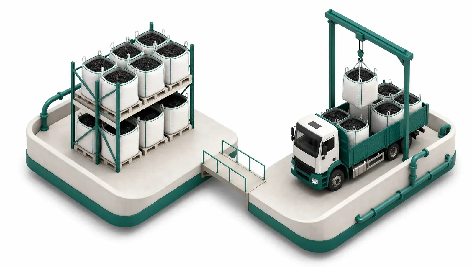 Isometric illustration of two platforms: a warehouse rack of stored biochar bags on one, a truck being loaded for delivery on the other.