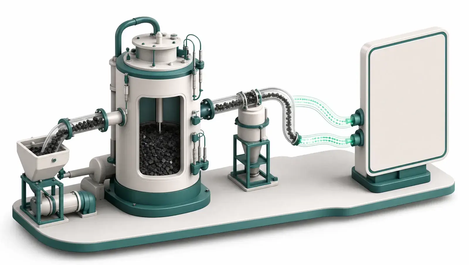 Isometric illustration of a pyrolysis reactor with sensors, its data streaming through transparent pipes into a dashboard panel.