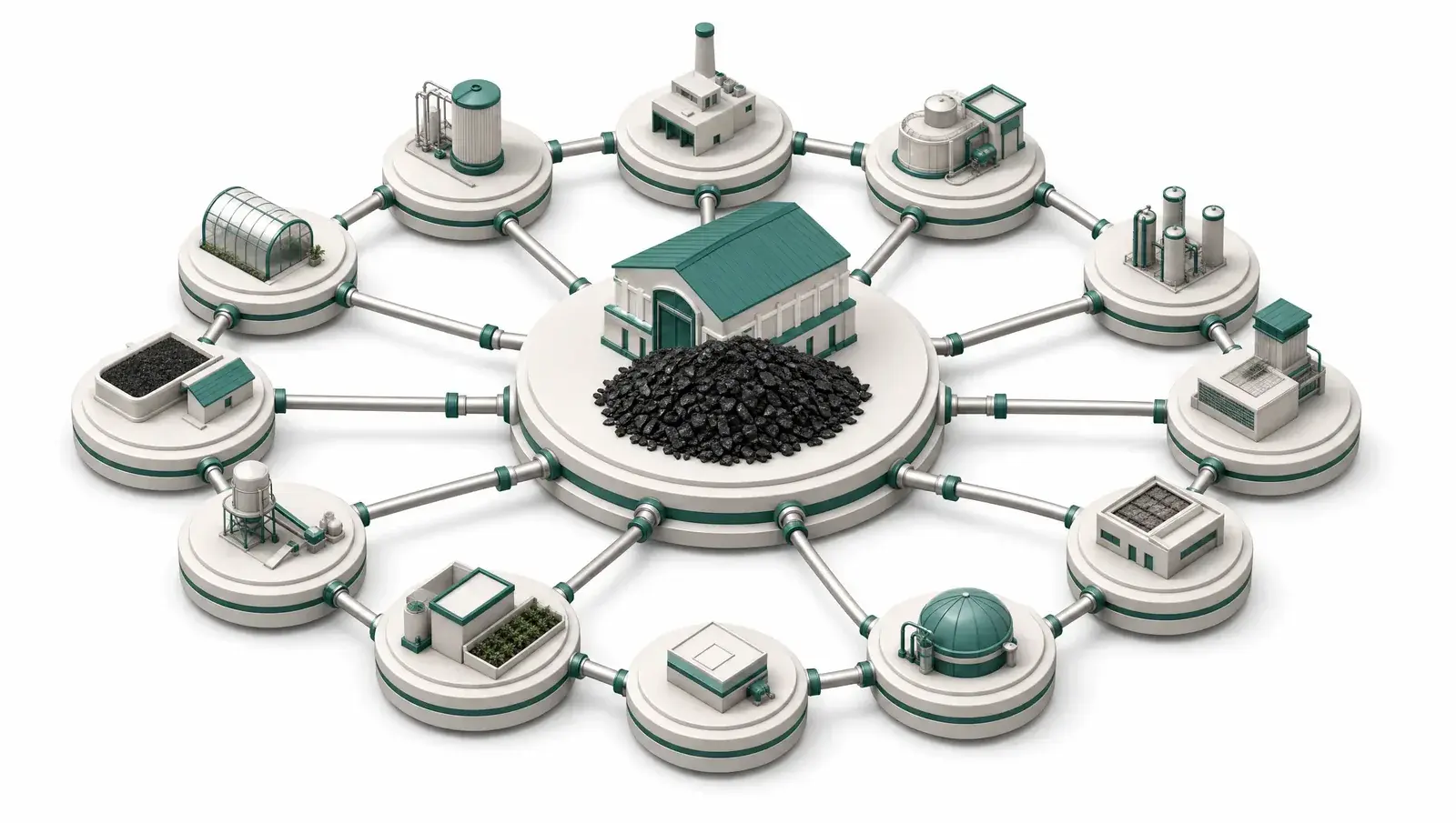 Isometric illustration of twelve platforms arranged in a circle around a central archive building holding a heap of biochar.