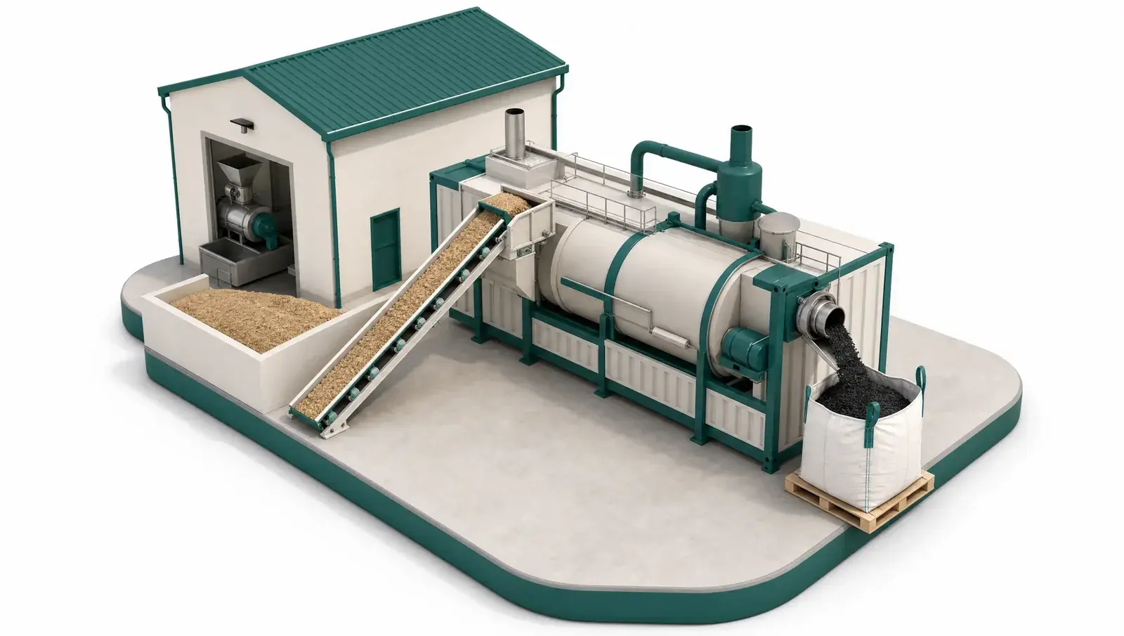 Isometric illustration of a containerized pyrolysis unit beside a mill building, residue feeding in and biochar pouring into a big bag.