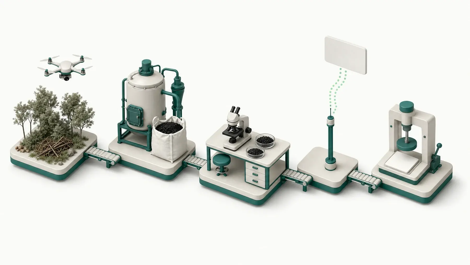 Isometric illustration of the five-stage chain: a drone surveying residue, a pyrolysis reactor filling a bag with biochar, a laboratory bench with samples under a microscope, a sensor streaming data to a panel, and a certification press.