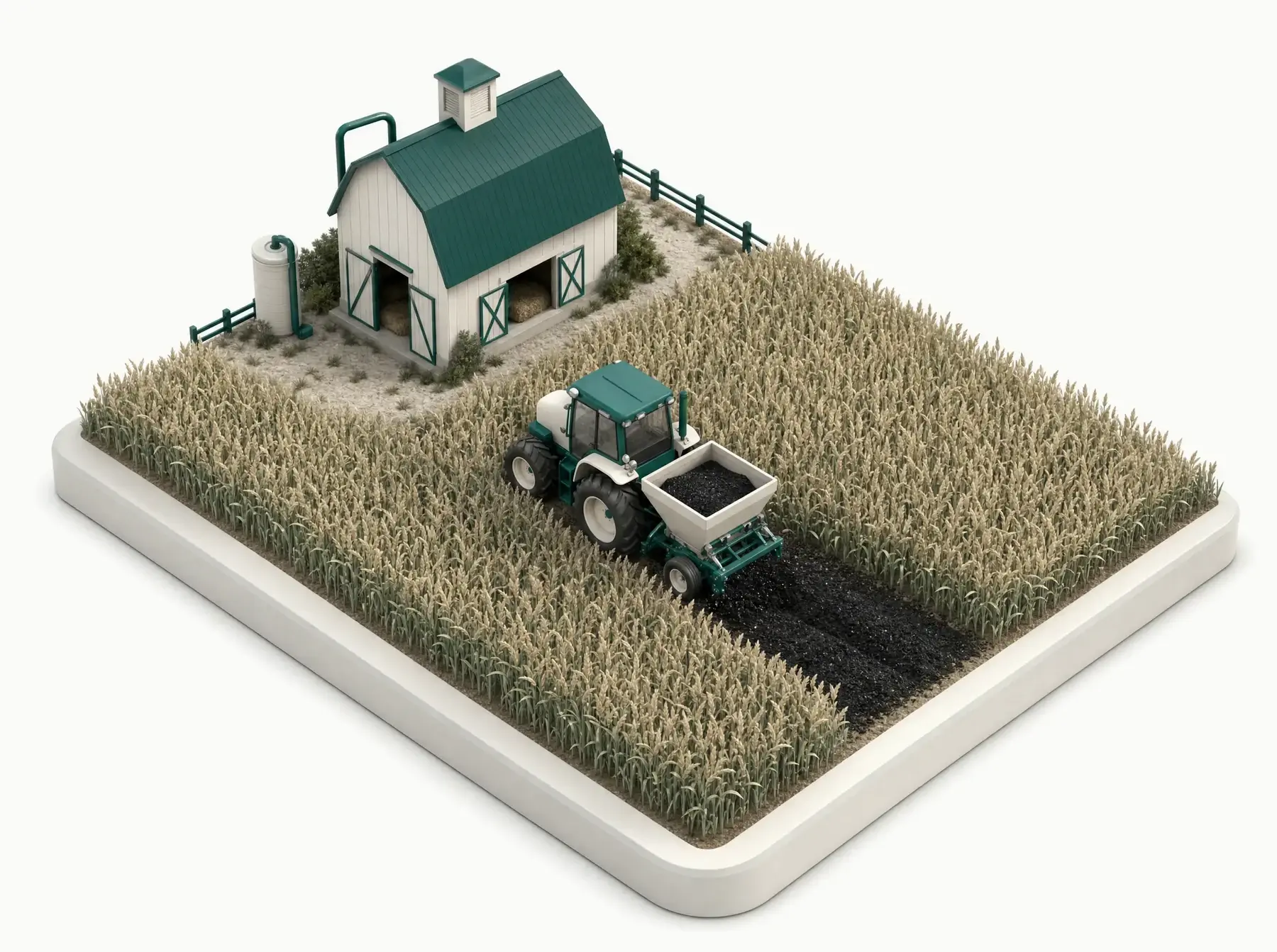 Isometric illustration of a farm: a barley field, a barn, and a tractor spreading biochar in a dark band across the soil.