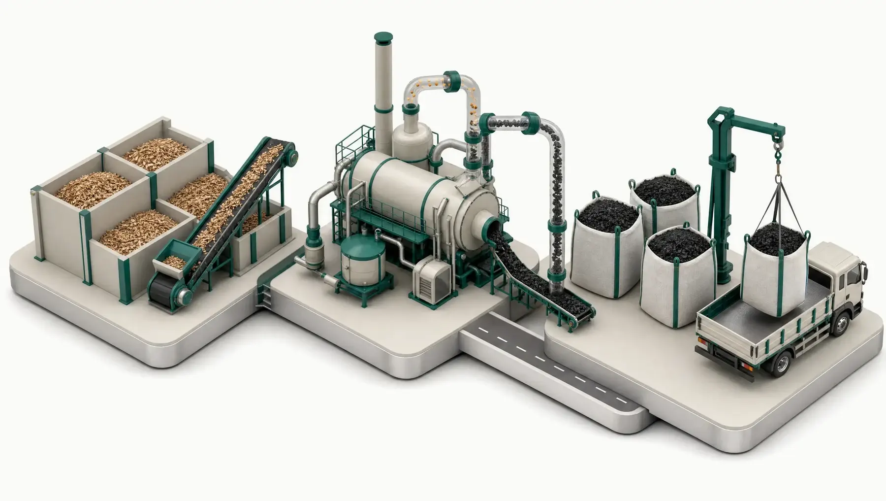 Isometric illustration of the pyrolysis line: feedstock containers and conveyor feeding the reactor, transparent pipes carrying gas and biochar, big bags of biochar loaded onto a truck.