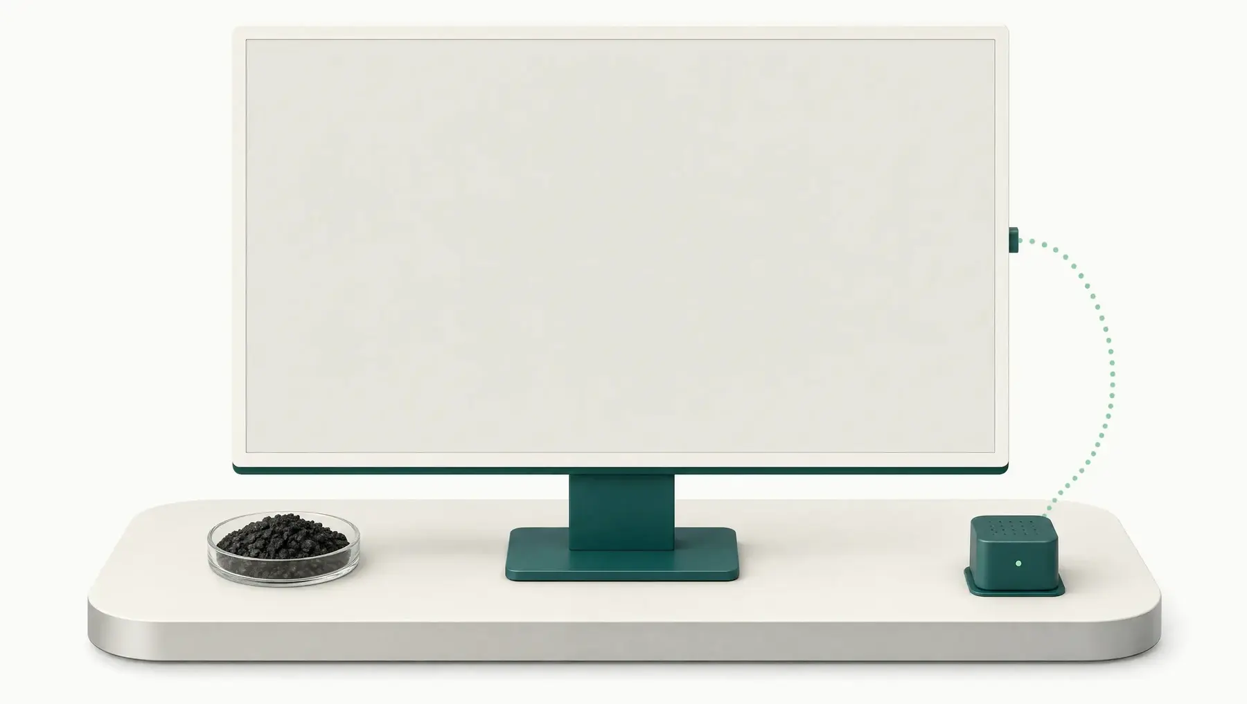 Isometric illustration of a CarbonVision workstation: a monitor fed by a sensor's data stream, beside a dish of biochar.