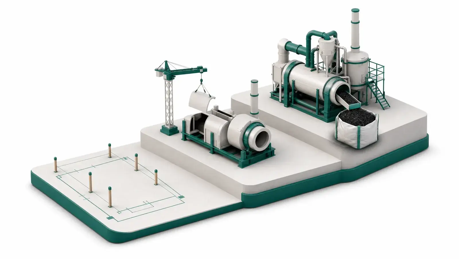 Isometric scene of a facility in three stages across stepped platforms: surveyed ground with stakes, a reactor being assembled under a crane, and a completed unit producing biochar into a big bag.