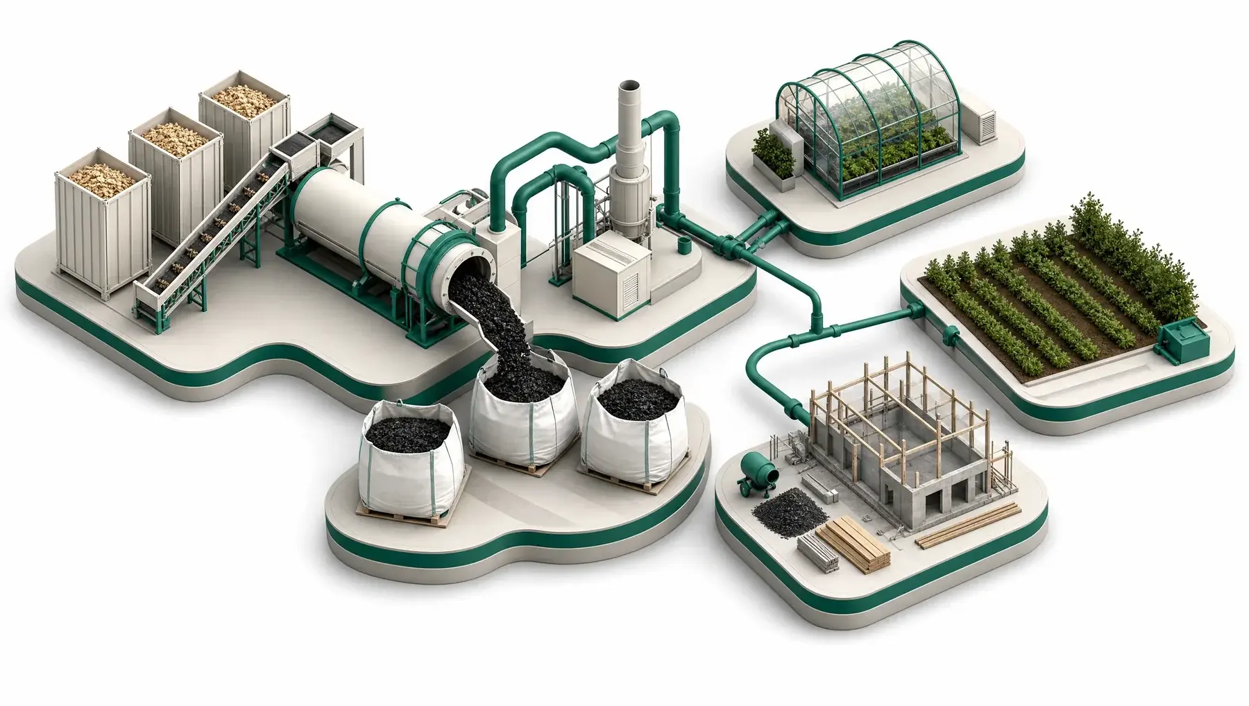 Isometric scene of the full value chain: feedstock containers feeding a pyrolysis reactor, biochar pouring into big bags, energy flowing to a greenhouse, and platforms for farmland and construction receiving the material.