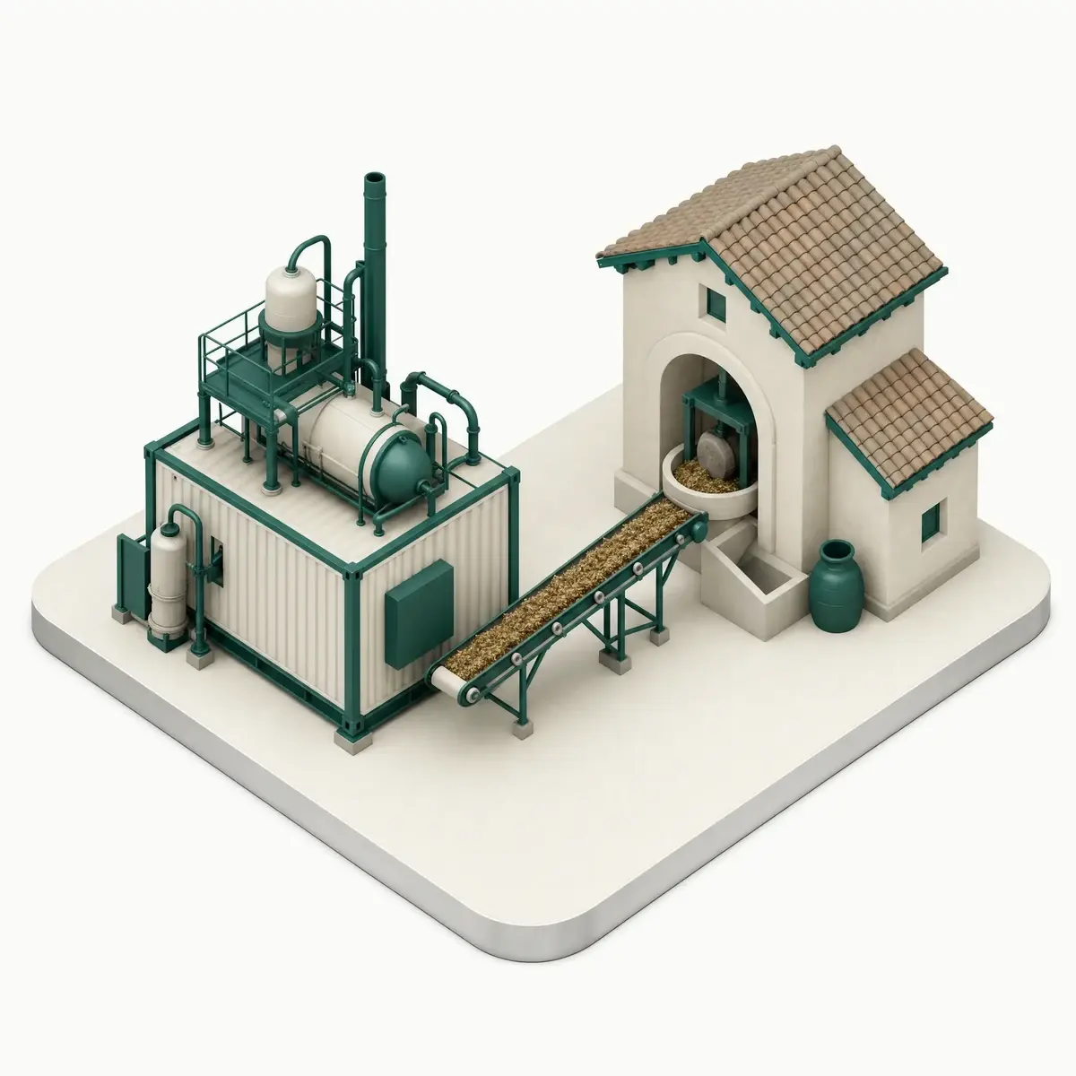 Isometric illustration of a small containerized pyrolysis unit beside a mill building, residue feeding in and biochar filling a big bag.