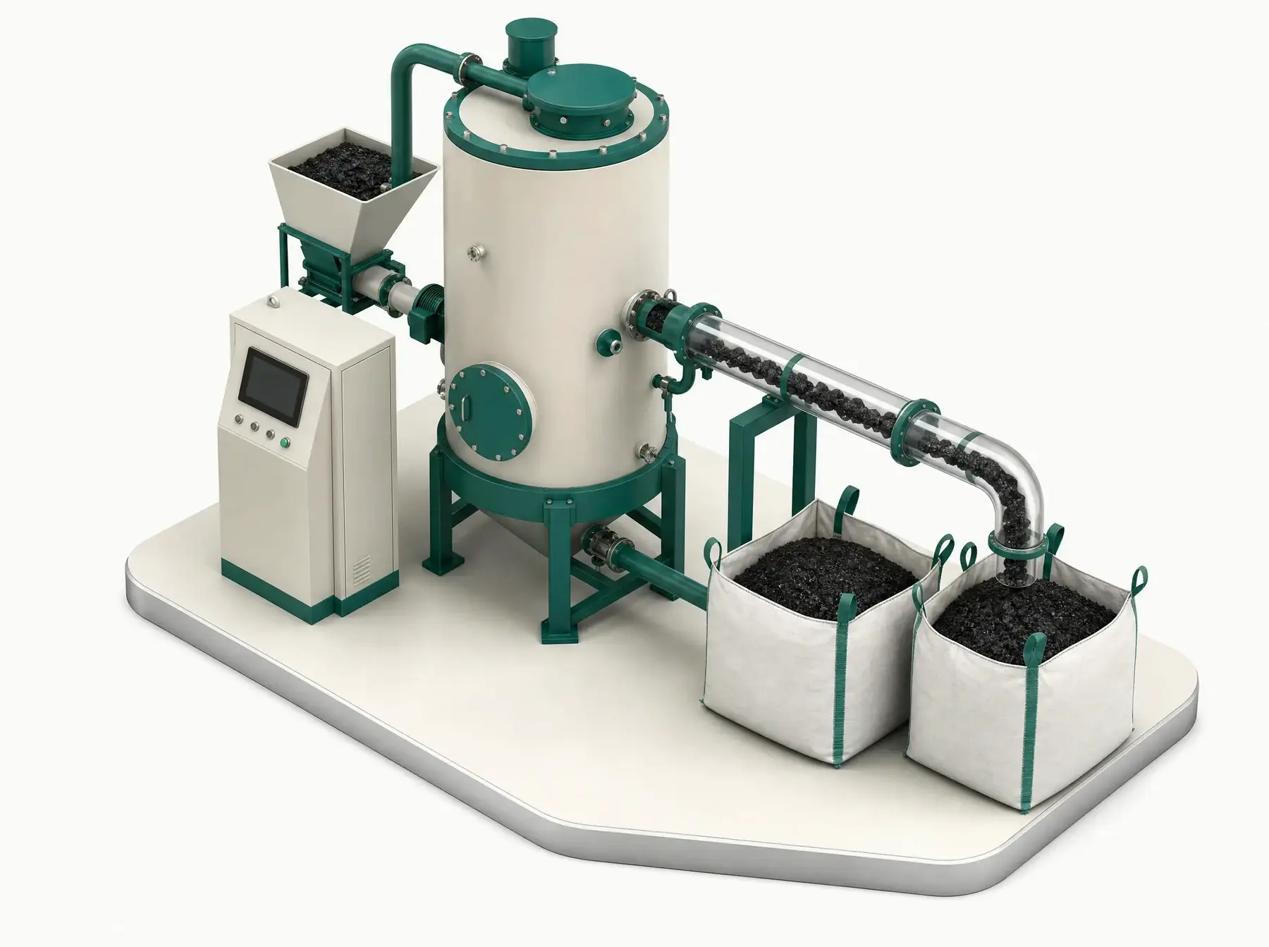 Isometric illustration of the pyrolysis unit: reactor vessel, feedstock hopper, control terminal, and a transparent discharge pipe filling big bags with biochar.