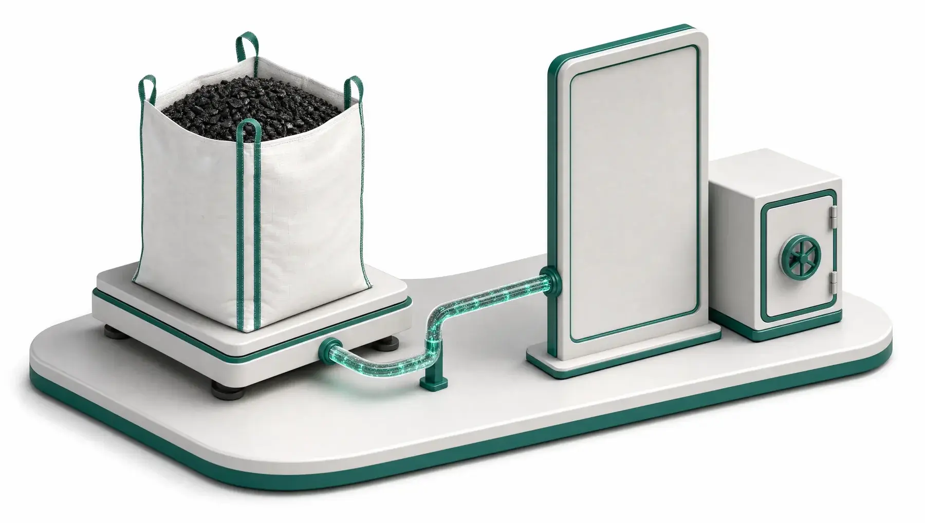 Isometric scene: a big bag of biochar on a weighing plinth, its data streaming into a ledger panel beside a safe.