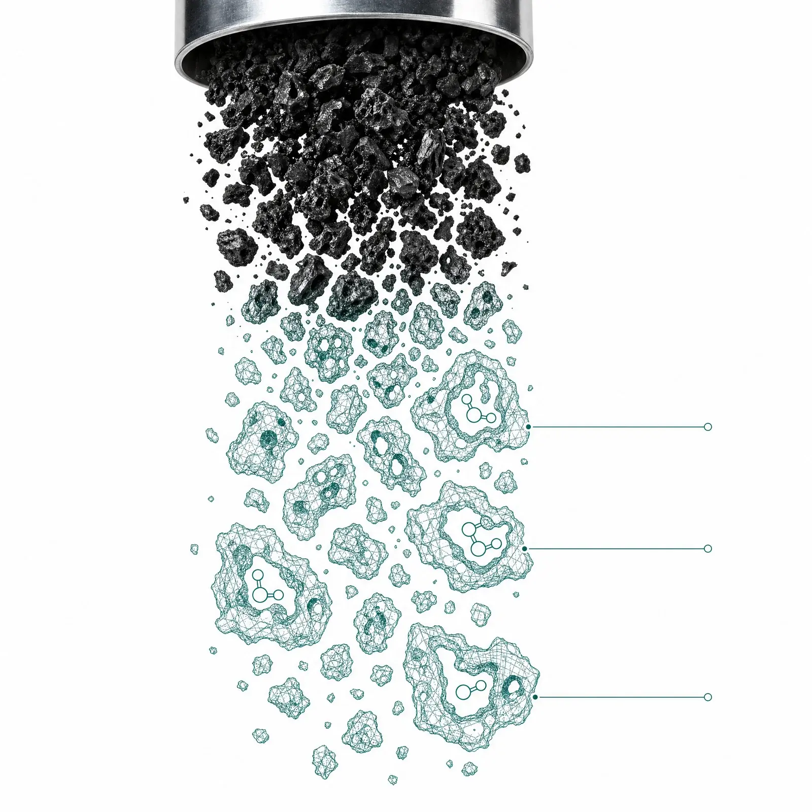 Black biochar granules pouring from a steel chute, dissolving mid-fall into fine teal wireframes of the same porous granules with schematic CO₂ molecules locked inside their pores.