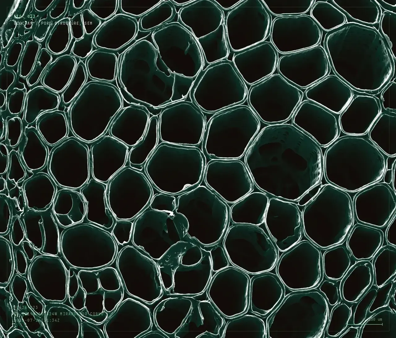 Illustration of biochar's porous honeycomb microstructure