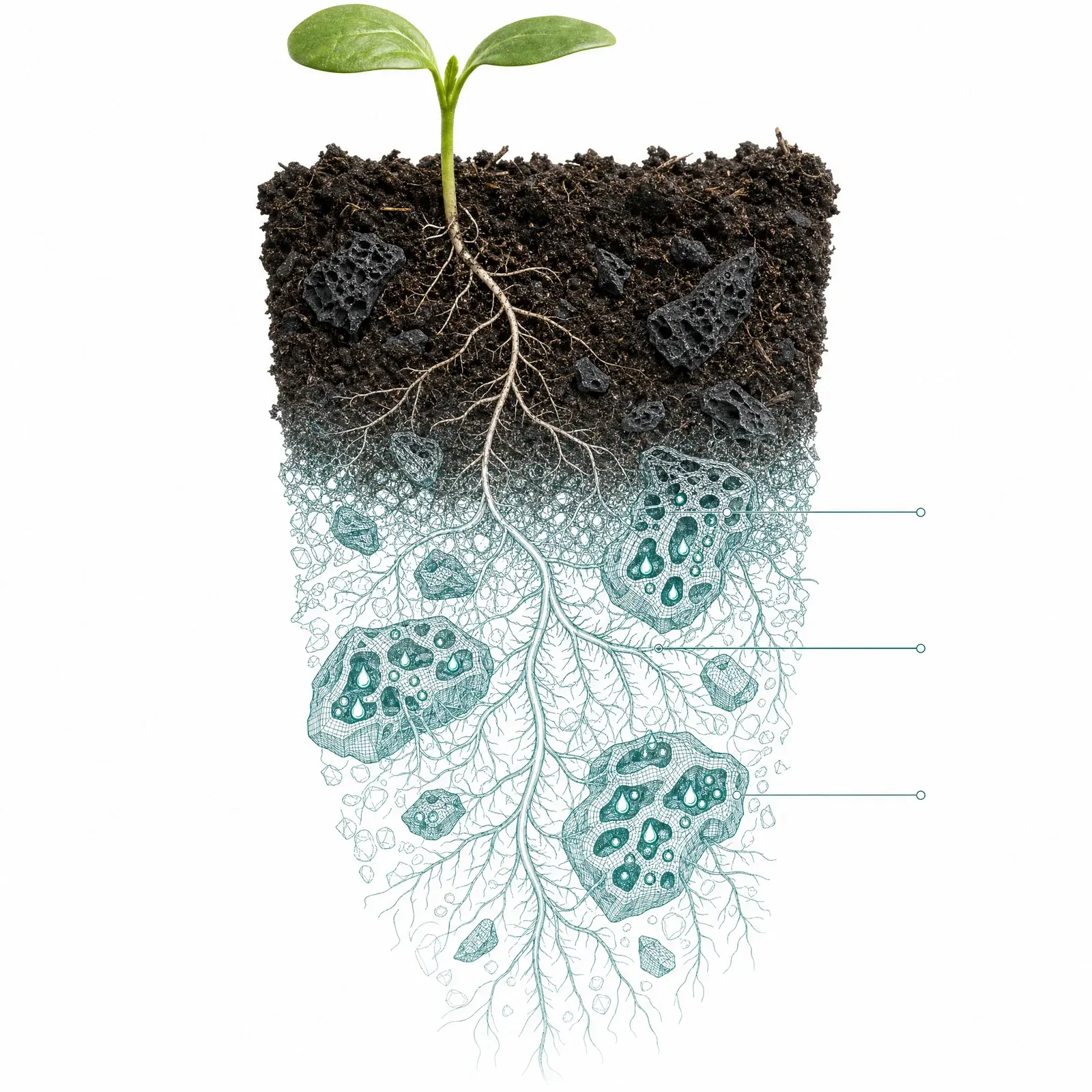 A seedling in a soil cross-section, photographic topsoil with biochar fragments dissolving downward into fine teal wireframe strata where porous fragments hold water droplets among the roots.