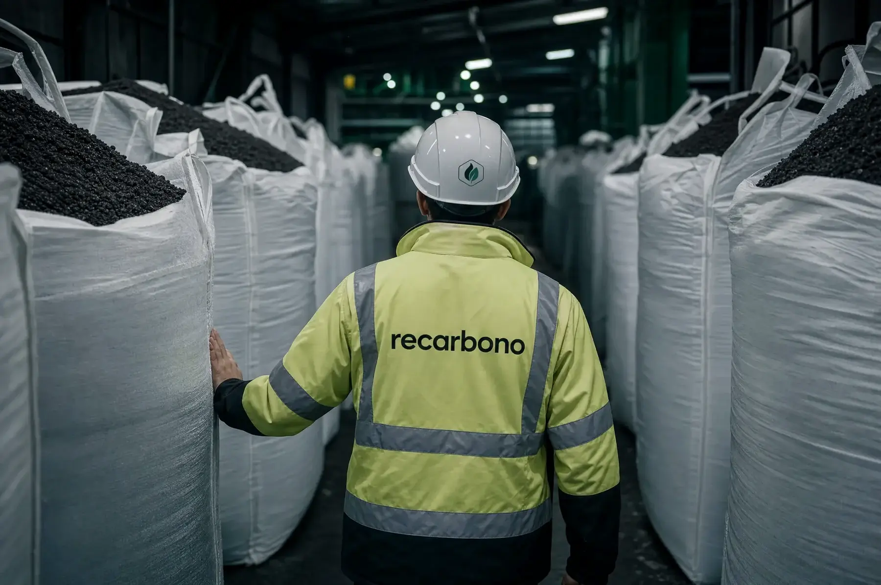 An engineer in a Recarbono high-visibility jacket and helmet, seen from behind, walking between tall rows of bulk bags filled with biochar.