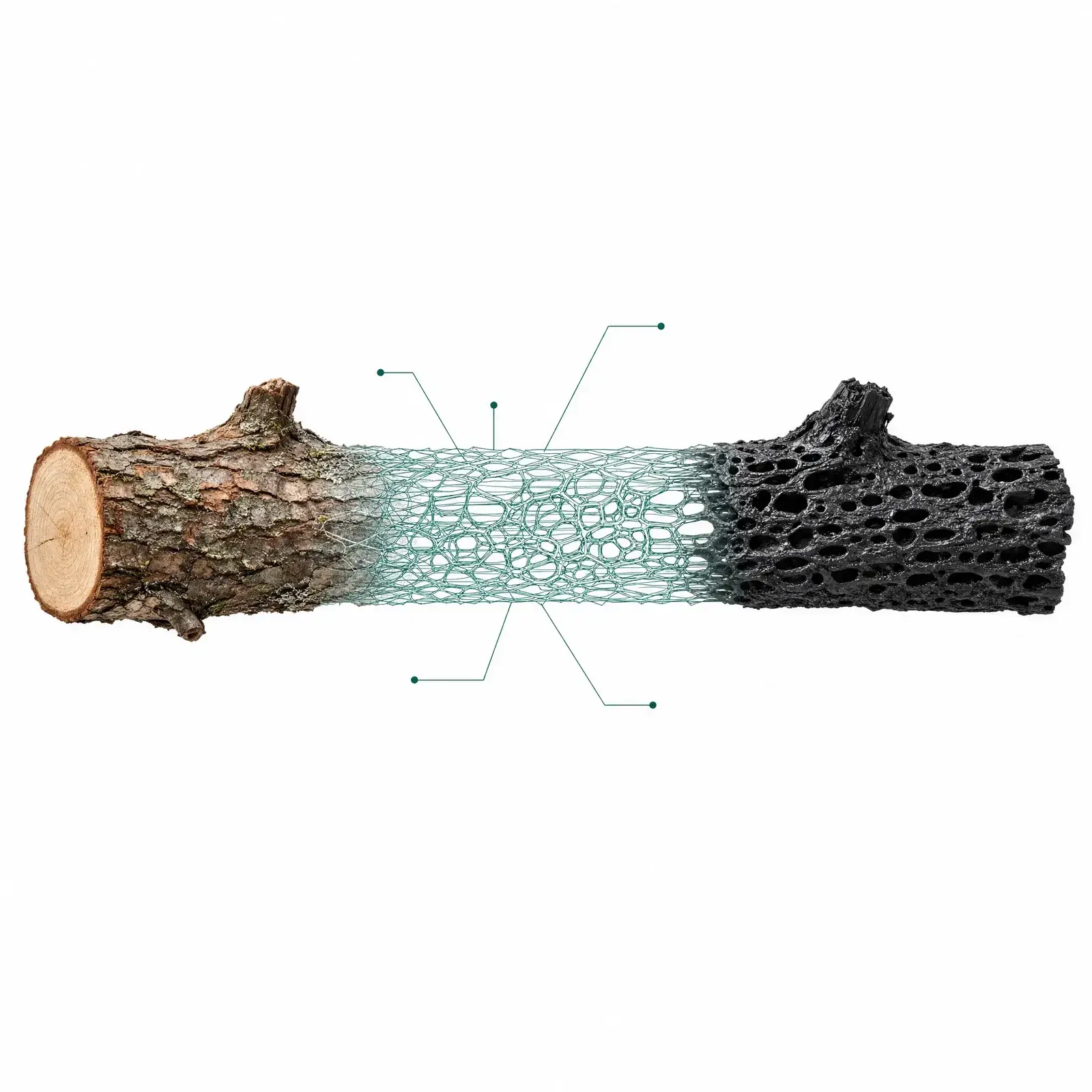 A single branch in three states: photographic raw wood on the left dissolving into a fine teal wireframe lattice mid-length, re-emerging as glossy porous black biochar on the right.